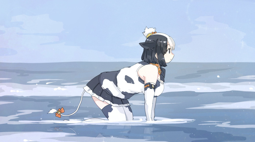 1girl, all_fours, animal_ears, animal_print, bare_shoulders, bell, black_hair, black_neckwear