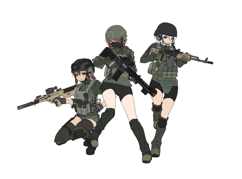 3girls, ak-47, armedshipyard, assault_rifle, bike_shorts, black_legwear, black_shorts, blue_eyes, body_armor, boots, brown_hair, escape_from_tarkov, full_body, gloves, green_gloves, green_shirt, gun, hair_over_one_eye, headset, helmet, highres, holding, holding_weapon, knee_pads, load_bearing_vest, lvoa-c, m4_carbine, magazine_(weapon), mask, medium_hair, mouth_mask, multiple_girls, original, red_eyes, rifle, shirt, shoes, shorts, simple_background, smile, socks, teeth, thigh-highs, violet_eyes, weapon, white_background, white_hair