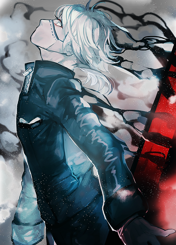 1boy, aesop_carl, black_gloves, black_jacket, coffin, eyeshadow, from_side, gloves