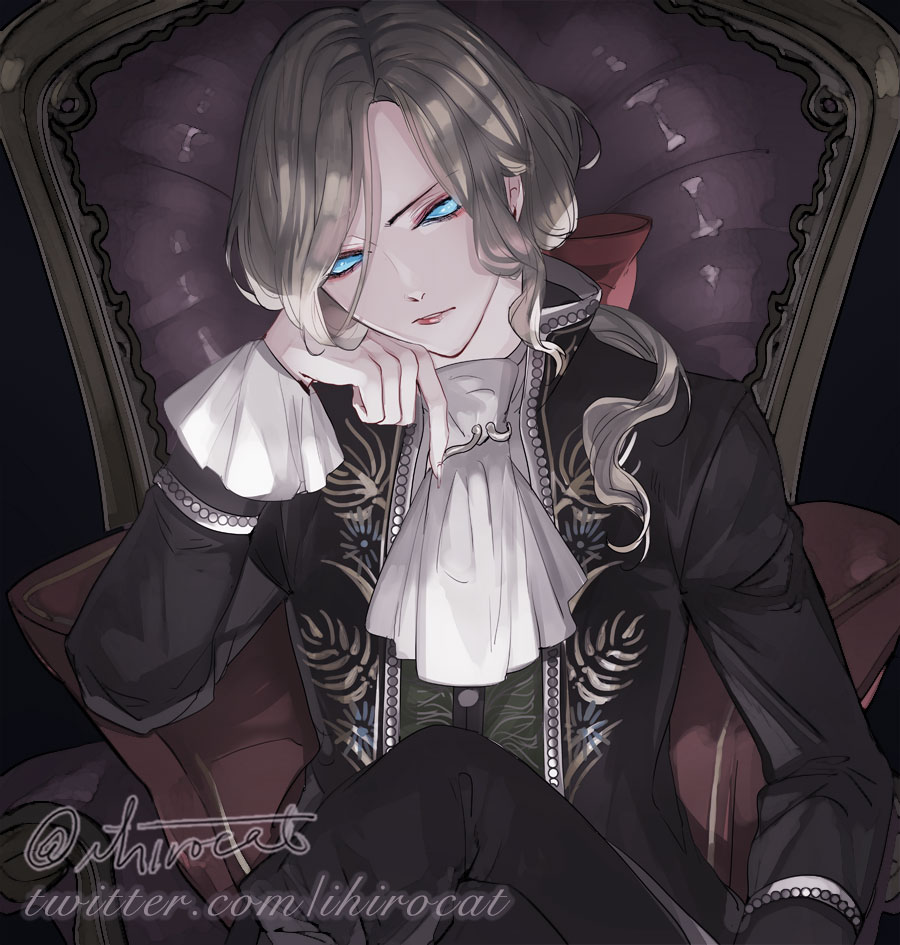1boy, alternate_color, artist_name, black_background, black_coat, blonde_hair, blue_eyes, bow
