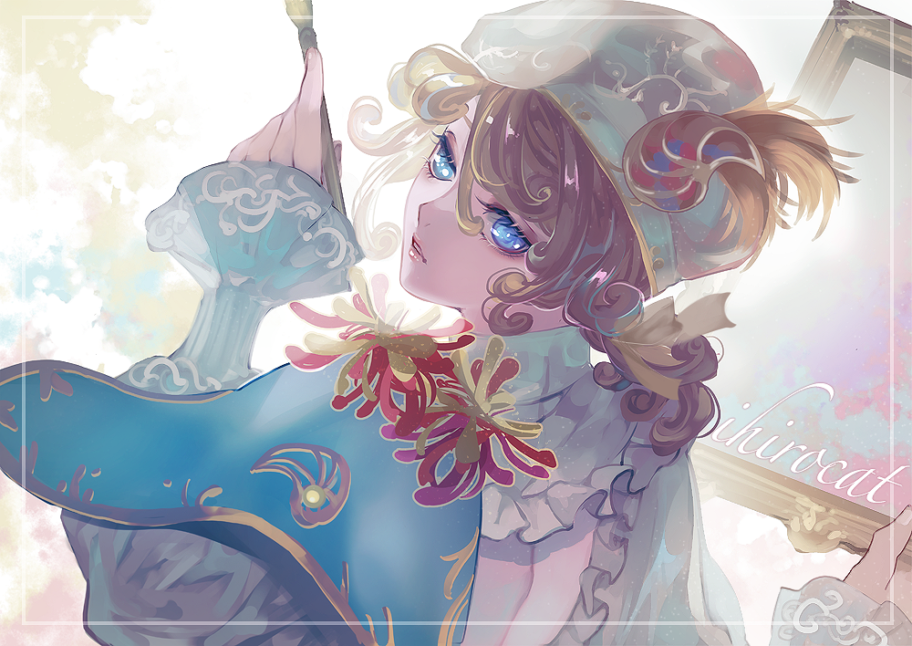 1boy, artist_name, backless_outfit, bangs, beret, blonde_hair, blue_capelet, blue_eyes