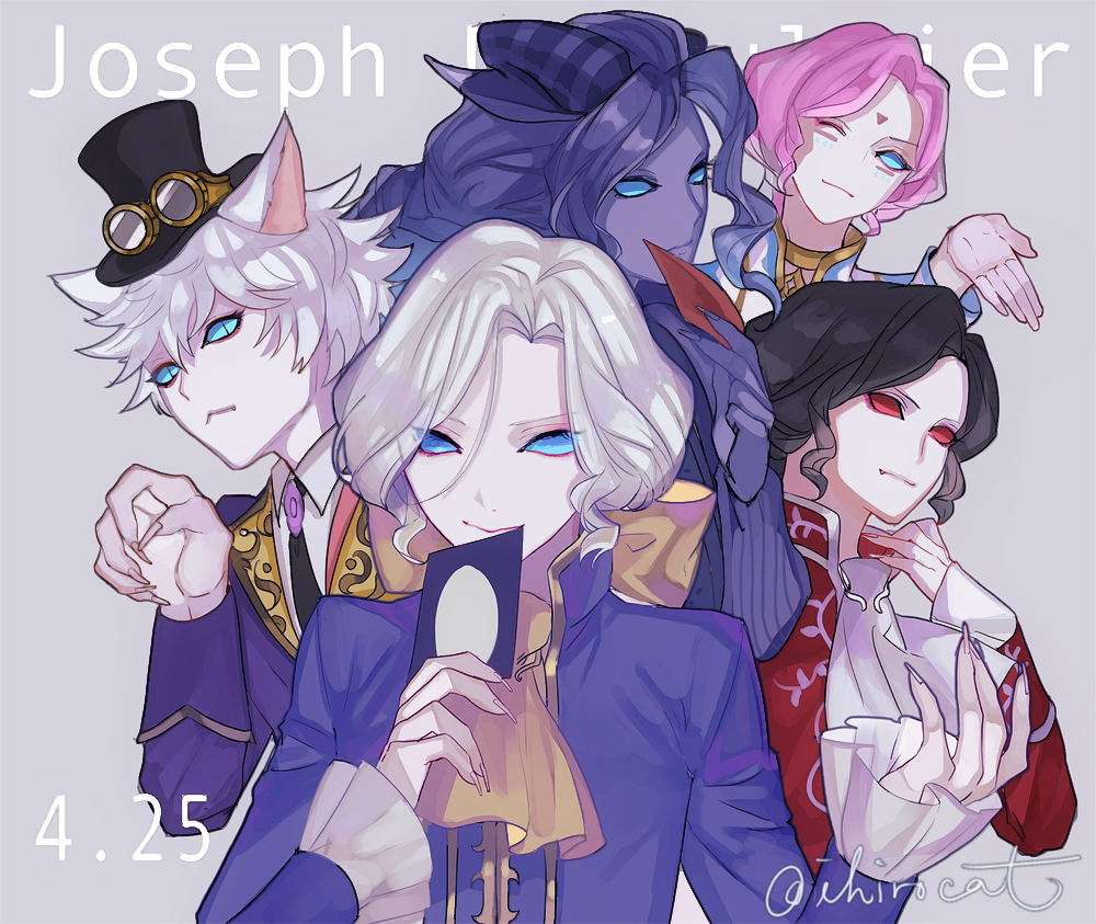 alternate_hair_color, animal_ears, artist_name, azrael_(identity_v), bangs, black_hair, black_headwear, black_neckwear, blue_eyes, blue_hair, blue_skin, bow, cat_boy, cat_ears, character_name, claw_pose, coat, collared_shirt, colored_skin, cravat, dated, eyebrows_visible_through_hair, eyeshadow, facial_mark, fang, fang_out, fingernails, frilled_sleeves, frills, grey_background, hair_bow, hat, holding, holding_photo, horns, identity_v, ihirocat, joseph_desaulniers, long_fingernails, long_hair, long_sleeves, looking_at_viewer, low_ponytail, makeup, male_focus, mini_hat, mini_top_hat, moonlight_gentleman_(identity_v), multiple_views, necktie, official_alternate_costume, one_eye_closed, pale_skin, photo_(object), pink_hair, ponytail, red_eyeshadow, shirt, short_hair, simple_background, slit_pupils, smile, striped_horns, top_hat, white_hair, white_neckwear, white_shirt