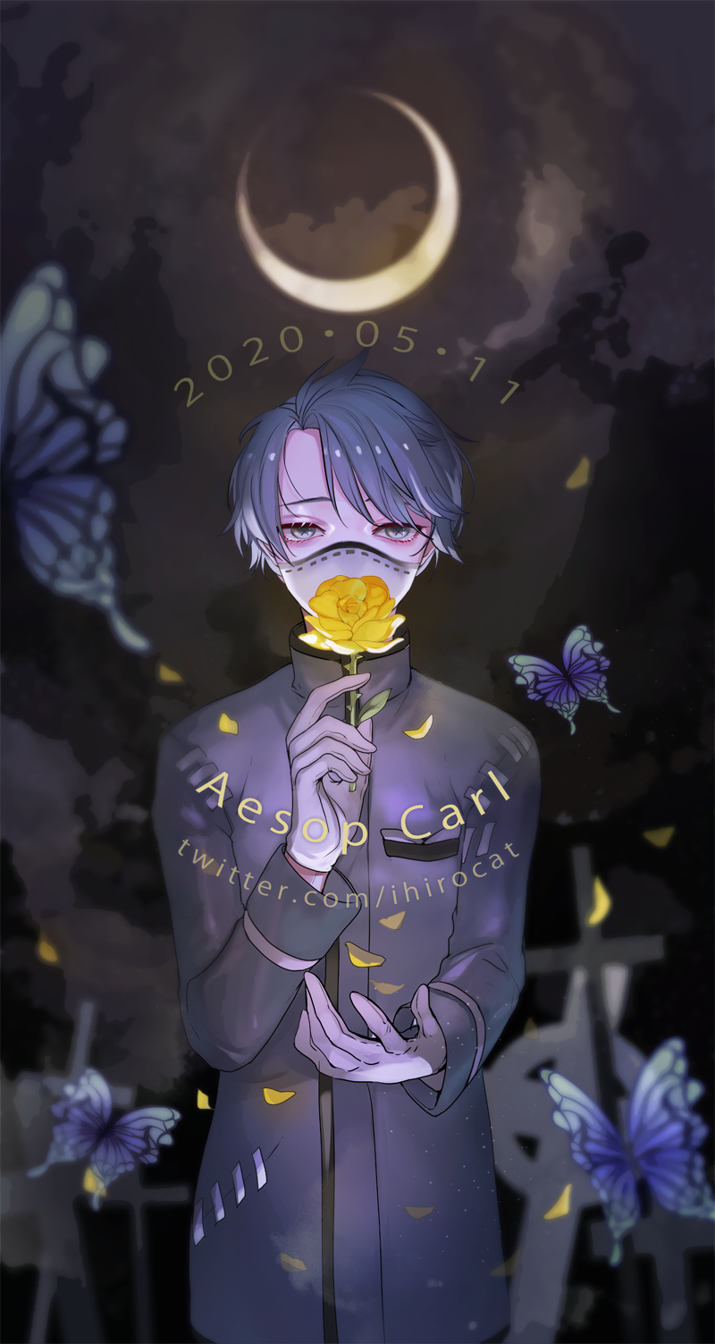 1boy, aesop_carl, artist_name, blue_butterfly, breast_pocket, bug, butterfly, character_name