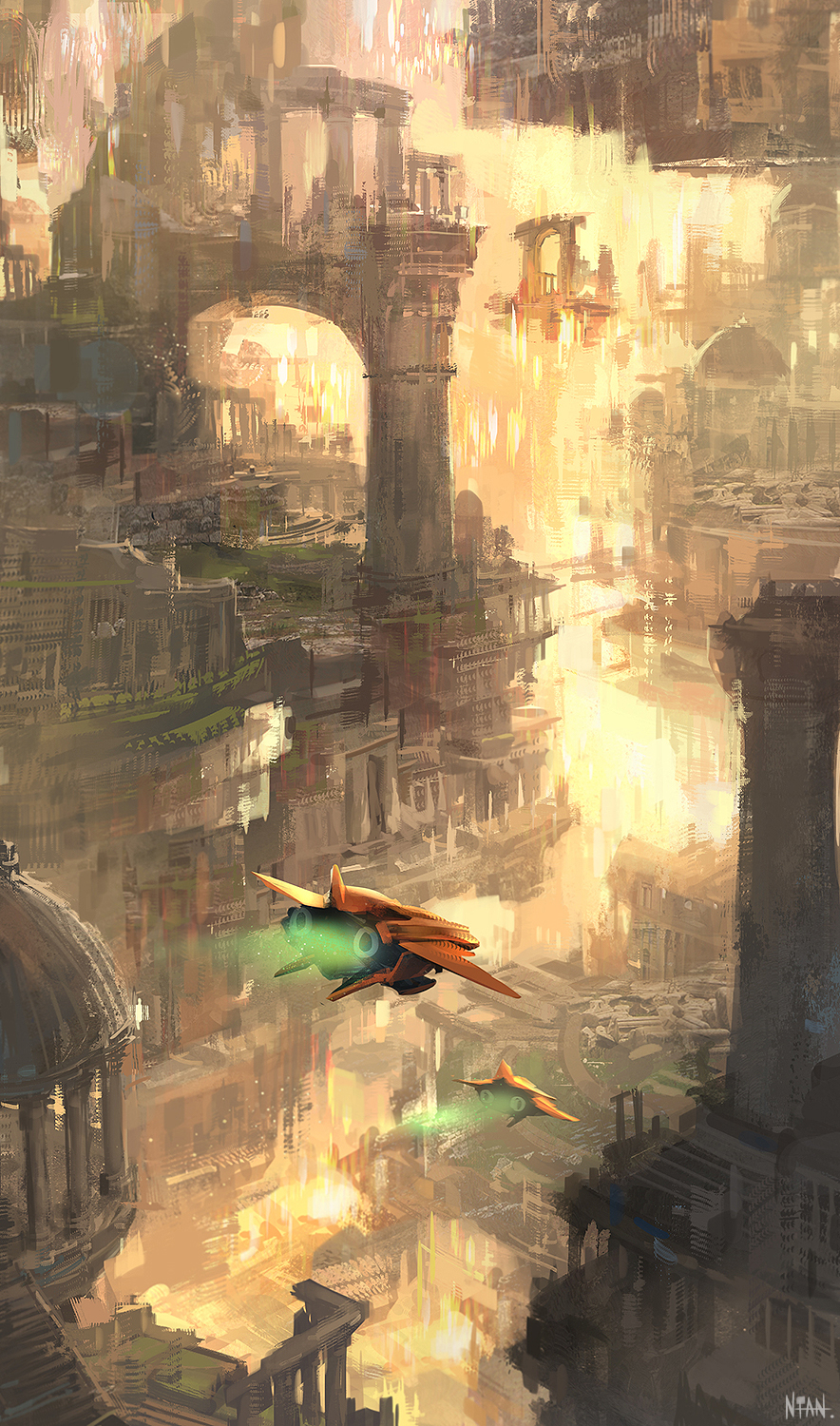 architecture, city, cityscape, commentary_request, darkhikari, day, fantasy, floating_island, greco-roman_architecture, highres, no_humans, original, scenery, science_fiction, signature, space_craft