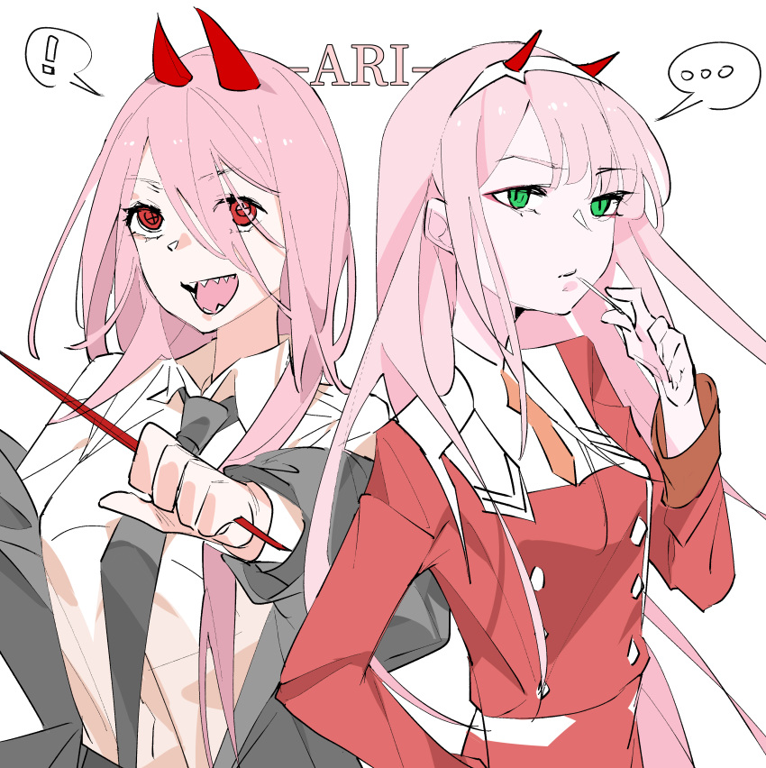 !, ..., 2girls, absurdres, black_neckwear, chainsaw_man, commentary, darling_in_the_franxx, english_commentary, green_eyes, highres, horns, long_hair, long_sleeves, look-alike, multiple_girls, necktie, off-shoulder_jacket, open_mouth, orange_neckwear, pink_hair, power_(chainsaw_man), red_eyes, sharp_teeth, spoken_ellipsis, spoken_exclamation_mark, teeth, tenshinteki_ari, zero_two_(darling_in_the_franxx)