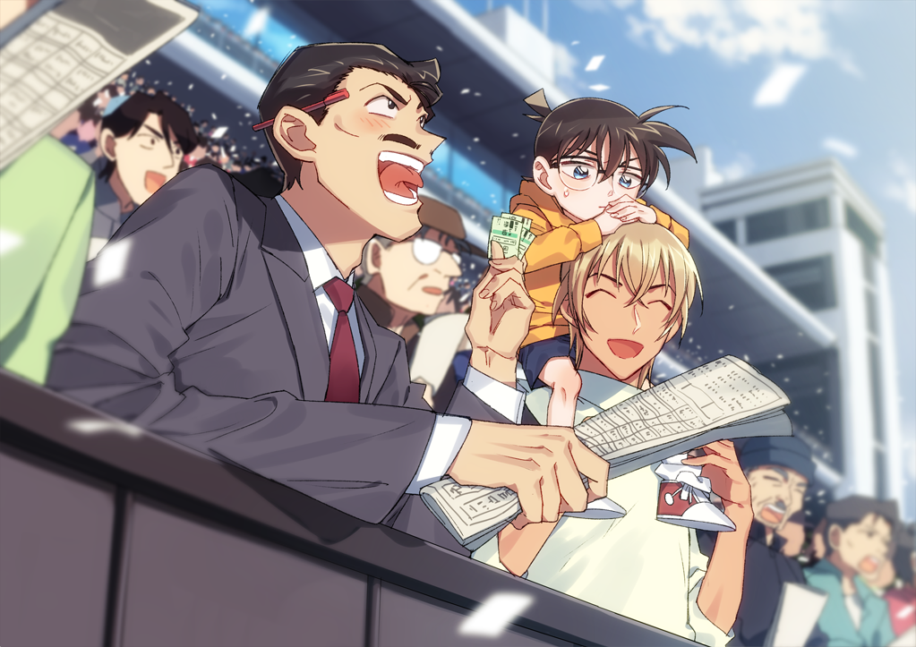 6+boys, :d, ^_^, amuro_tooru, audience, bangs, behind_ear, black_eyes