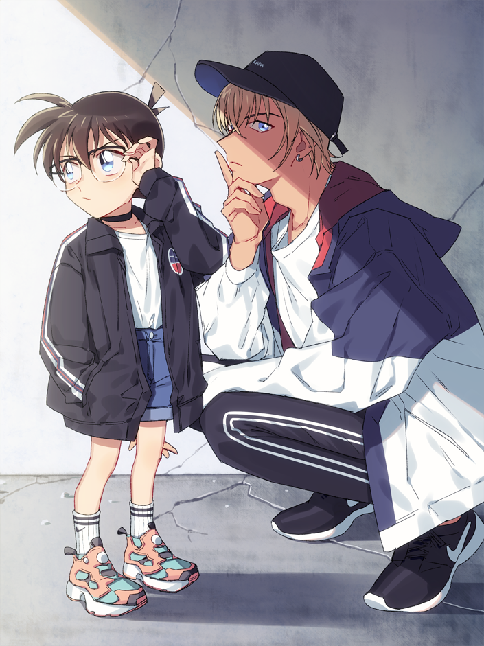 2boys, adjusting_eyewear, amuro_tooru, bangs, baseball_cap, black-framed_eyewear, black_choker, black_footwear