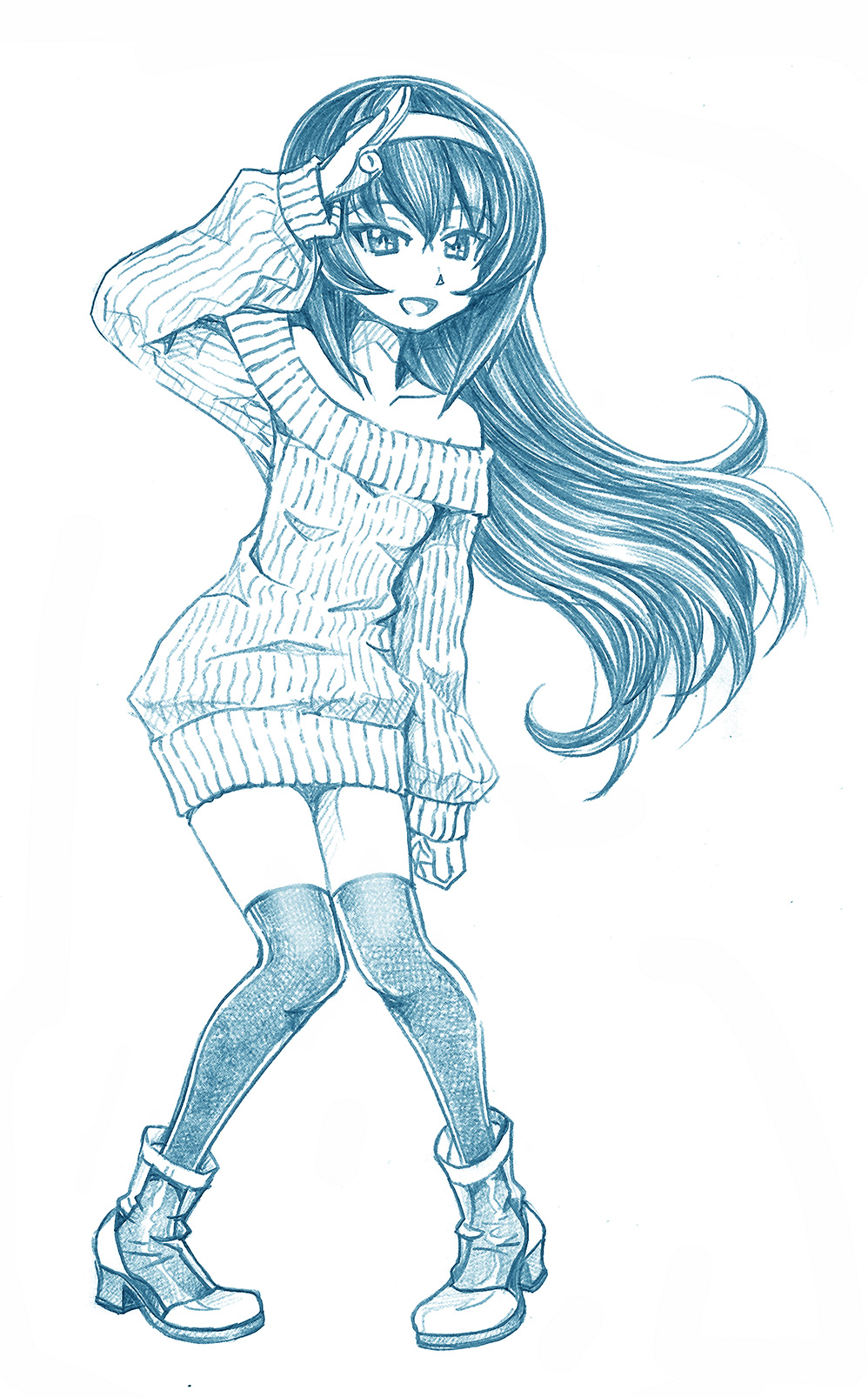 1girl, ankle_boots, bangs, bbb_(friskuser), blue_theme, boots, dress, eyebrows_visible_through_hair