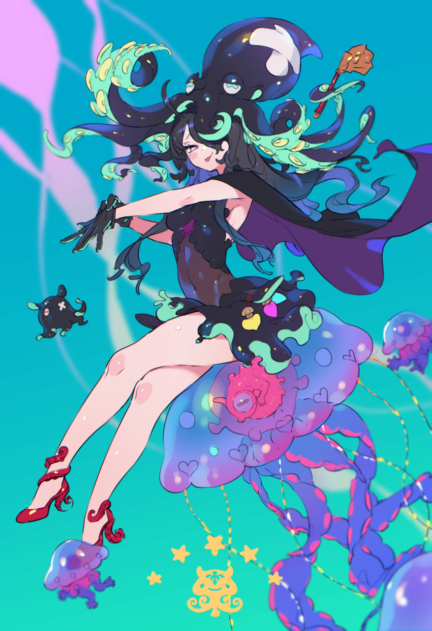 1girl, ahoge, bare_legs, black_dress, black_gloves, black_hair, blush, bukurote, covered_navel, dress, flapjack_octopus, full_body, gloves, hair_over_one_eye, high_heels, highres, jellyfish, long_hair, mole, mole_under_eye, octopus, original, red_footwear, sitting, sleeveless, sleeveless_dress, smile, solo, tongue, tongue_out
