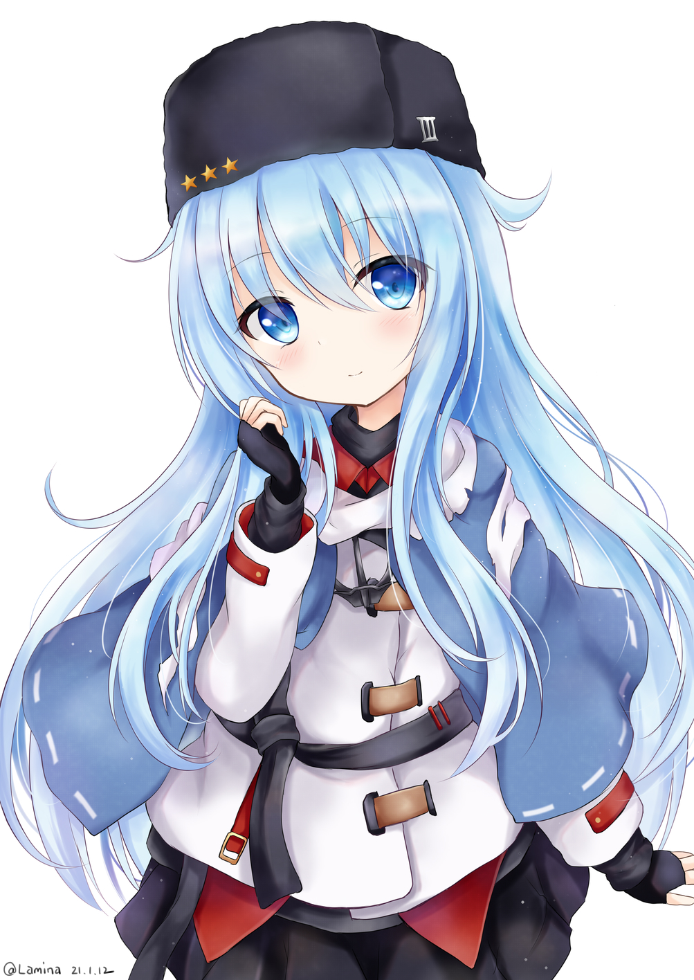 1girl, black_gloves, black_headwear, black_skirt, blue_eyes, blush, closed_mouth, cosplay