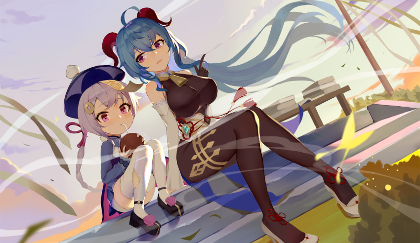 2girls, ahoge, bare_shoulders, bell, black_footwear, blue_hair, bodystocking, breasts