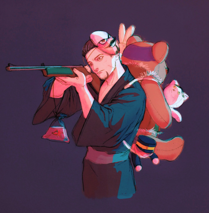 1boy, aiming, air_gun, alternate_costume, animal, bag, black_eyes, black_hair