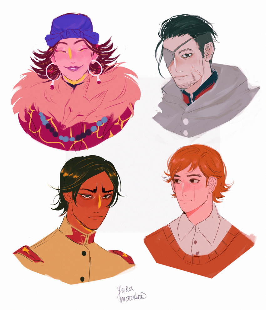 1girl, 3boys, absurdres, ainu, ainu_clothes, artist_name, bandana, bangs, beige_jacket, black_eyes, black_hair, blue_bandana, blue_jacket, buttons, cape, closed_eyes, closed_mouth, collar, collared_jacket, collared_shirt, commentary, dark_skin, dark_skinned_male, ear_piercing, earrings, edogai_yasaku, english_commentary, eyepatch, eyeshadow, facial_hair, facing_viewer, flipped_hair, fur, golden_kamuy, grey_cape, hair_slicked_back, hair_strand, highres, hood, hood_down, hooded_cape, hoop_earrings, imperial_japanese_army, inkarmat, jacket, jewelry, koito_otonoshin, lips, looking_at_viewer, looking_away, makeup, military, military_uniform, multiple_boys, ogata_hyakunosuke, orange_hair, parted_bangs, parted_lips, piercing, purple_hair, purple_lips, scar, scar_on_cheek, scar_on_face, shirt, short_hair, simple_background, smile, stubble, undercut, uniform, upper_body, white_background, white_shirt, yuramoonbow
