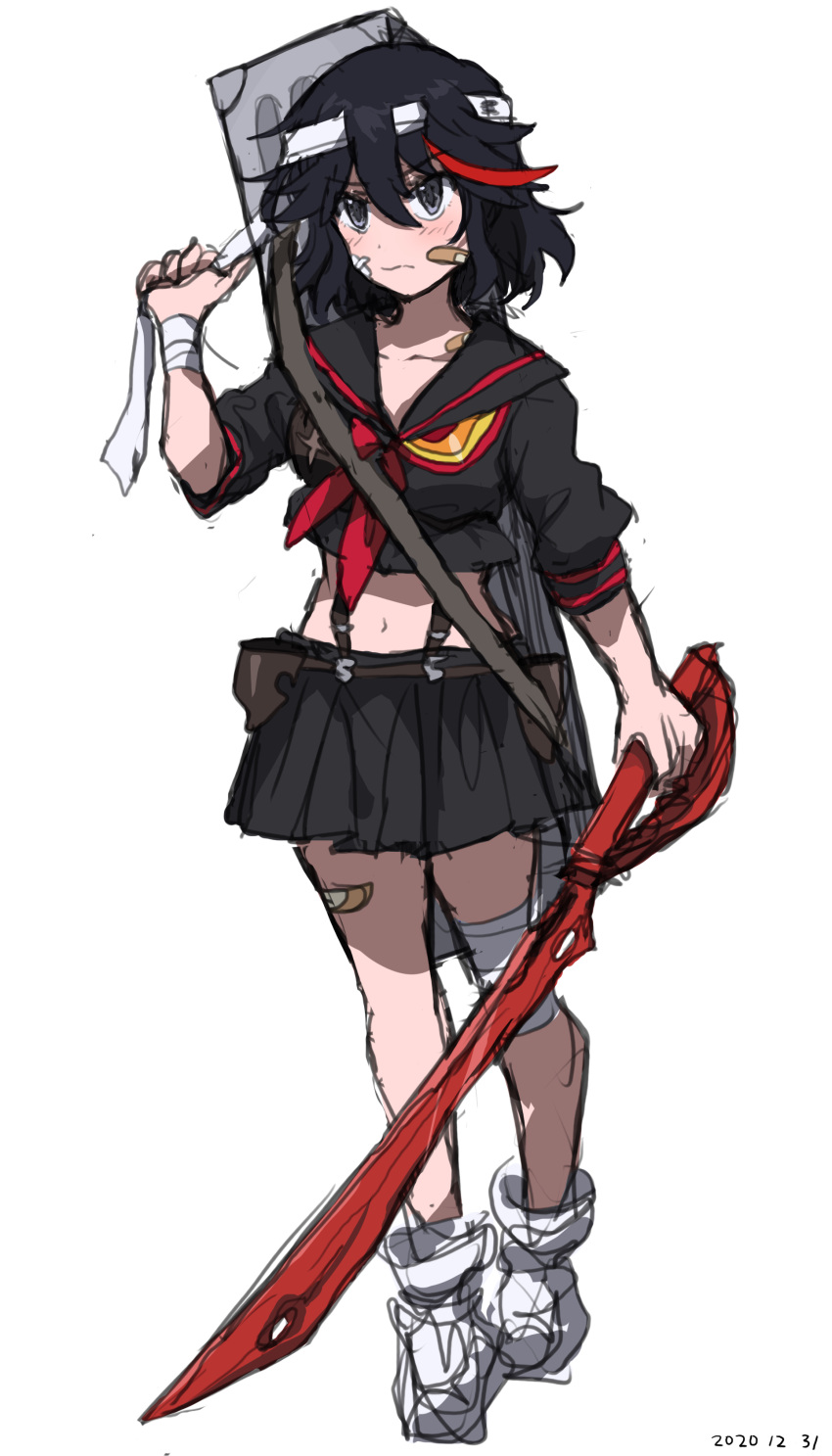 1girl, 2020, absurdres, bandaged_arm, bandaged_head, bandaged_leg, bandages, bandaid