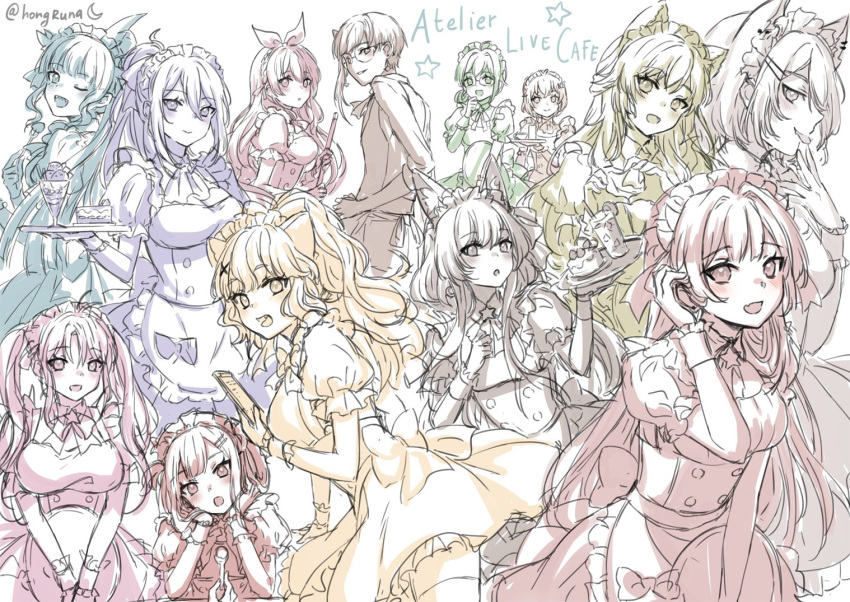1boy, 6+girls, alternate_costume, animal_ears, anya_pandaria, artemis_of_the_blue, atelier_live, breasts
