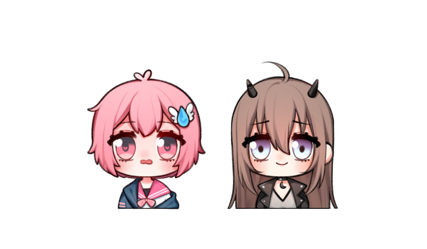 2girls, atelier_live, black_choker, black_jacket, blue_eyes, blue_sweater, blush, brown_hair