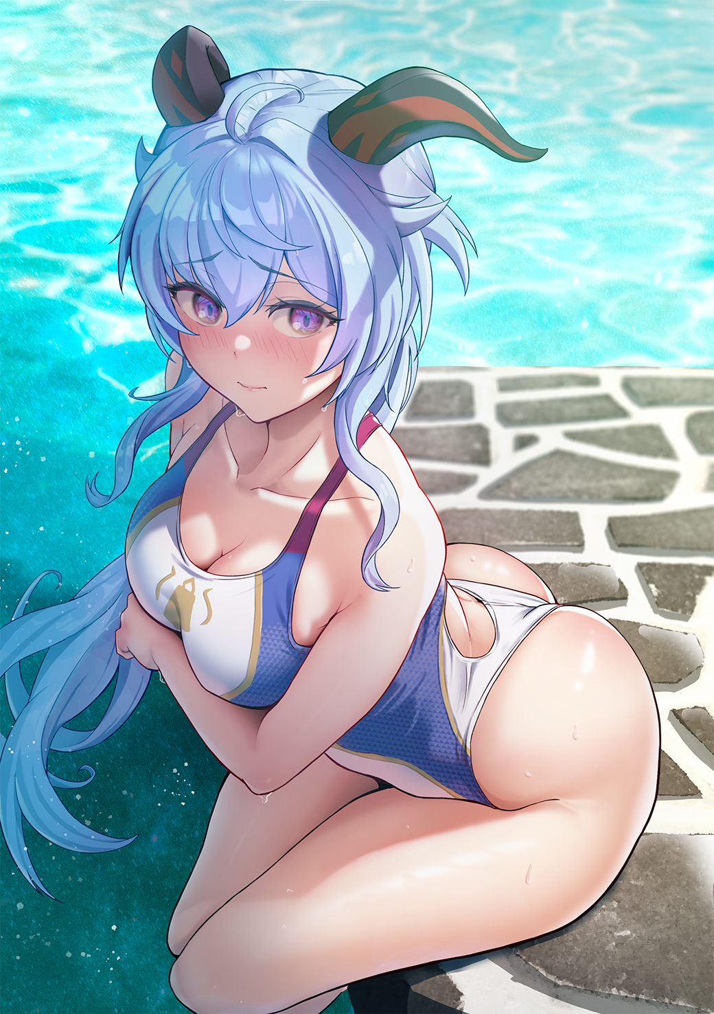 1girl, bangs, bare_shoulders, blue_hair, blue_swimsuit, blush, breasts, collarbone, competition_swimsuit, ganyu_(genshin_impact), genshin_impact, goat_horns, highleg, highleg_swimsuit, highres, horns, large_breasts, long_hair, looking_at_viewer, one-piece_swimsuit, solar_(happymonk), swimsuit, thighs, violet_eyes