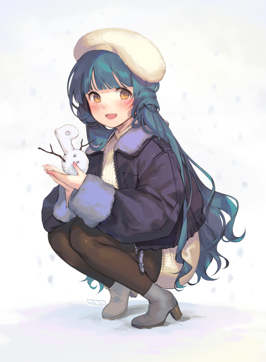 1girl, :d, absurdres, ankle_boots, artist_name, bangs, beige_sweater, beret