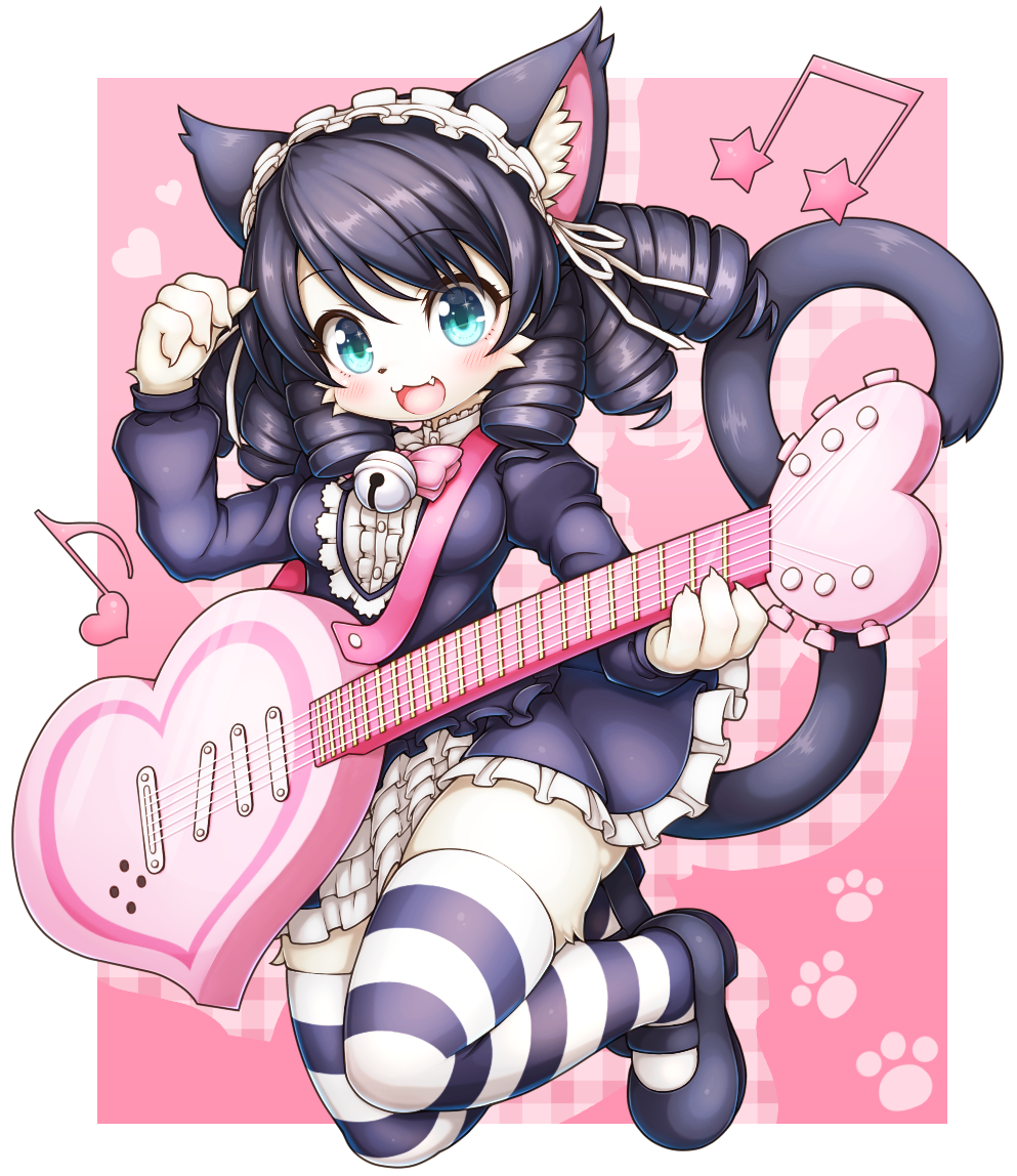 1girl, animal_ears, animal_eyes, aqua_eyes, black_hair, blush, body_fur, bow, breasts, cat, cat_ears, cat_girl, cat_tail, claws, commentary_request, cyan_(show_by_rock!!), eyebrows_visible_through_hair, fang, fewer_digits, full_body, furrification, furry, guitar, hair_between_eyes, heart, instrument, long_sleeves, looking_at_viewer, maid_headdress, medium_breasts, musical_note, partial_commentary, paw_print, pink_background, pink_bow, show_by_rock!!, solo, striped, striped_legwear, tail, tsuji, white_fur