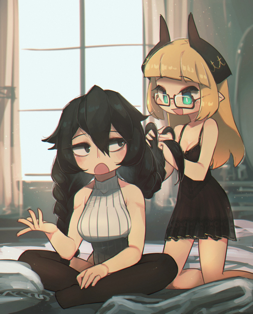 absurdres, aqua_eyes, black_eyes, black_hair, black_horns, black_legwear, blonde_hair, borrowed_character