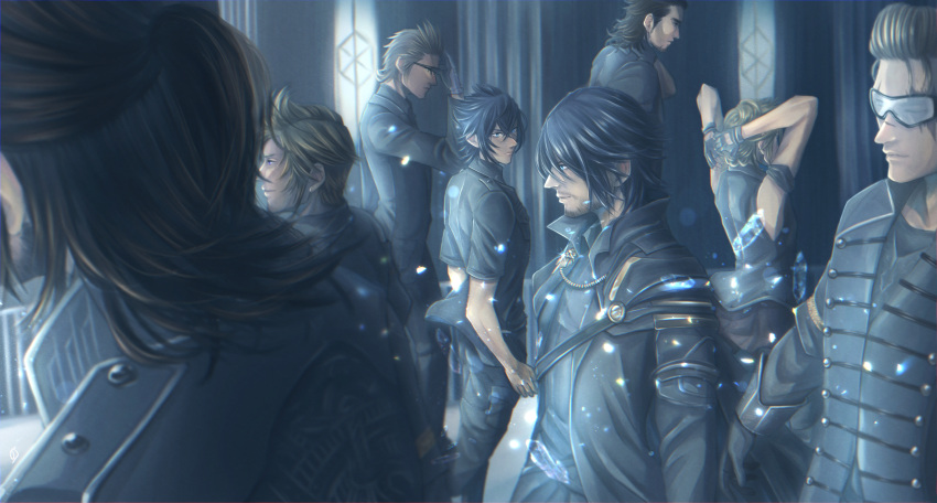 beard, black_hair, black_jacket, blonde_hair, brown_hair, crystal, dual_persona, facial_hair, final_fantasy, final_fantasy_xv, gladiolus_amicitia, glasses, highres, ignis_scientia, jacket, kingsglaive_garb, noctis_lucis_caelum, oujikuroneko, prompto_argentum, scar, sleeveless, spiky_hair, sunglasses, walking