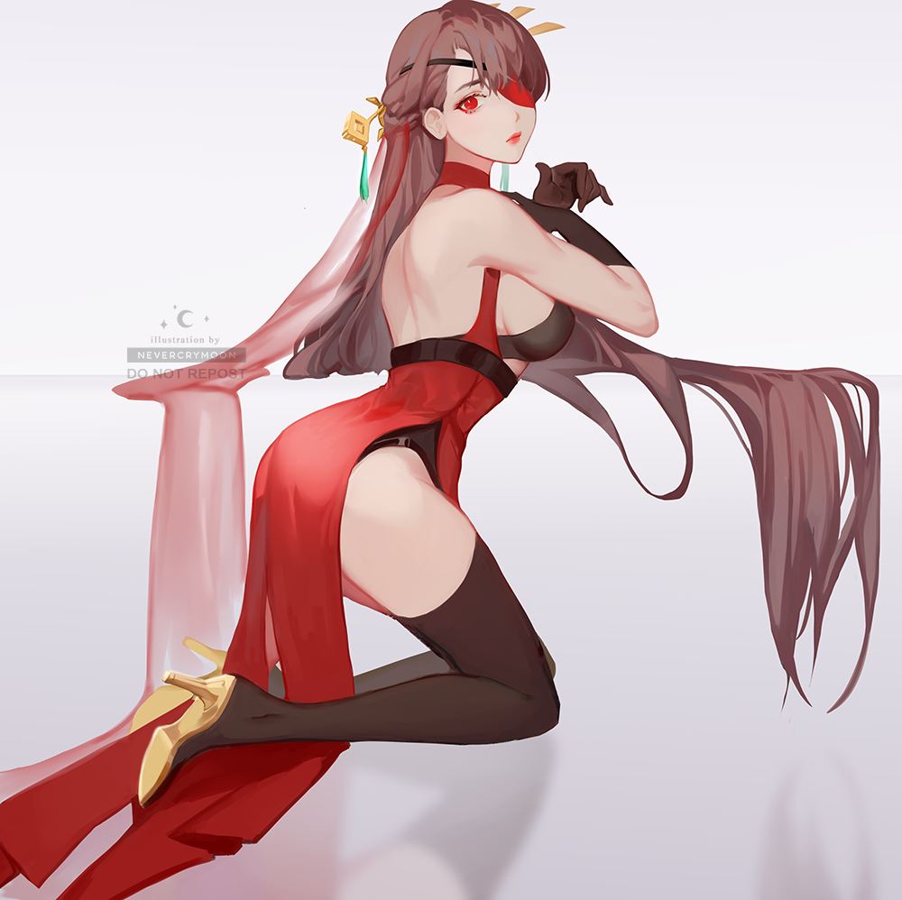 1girl, backless_dress, backless_outfit, bangs, bare_shoulders, beidou_(genshin_impact), black_hair, breasts