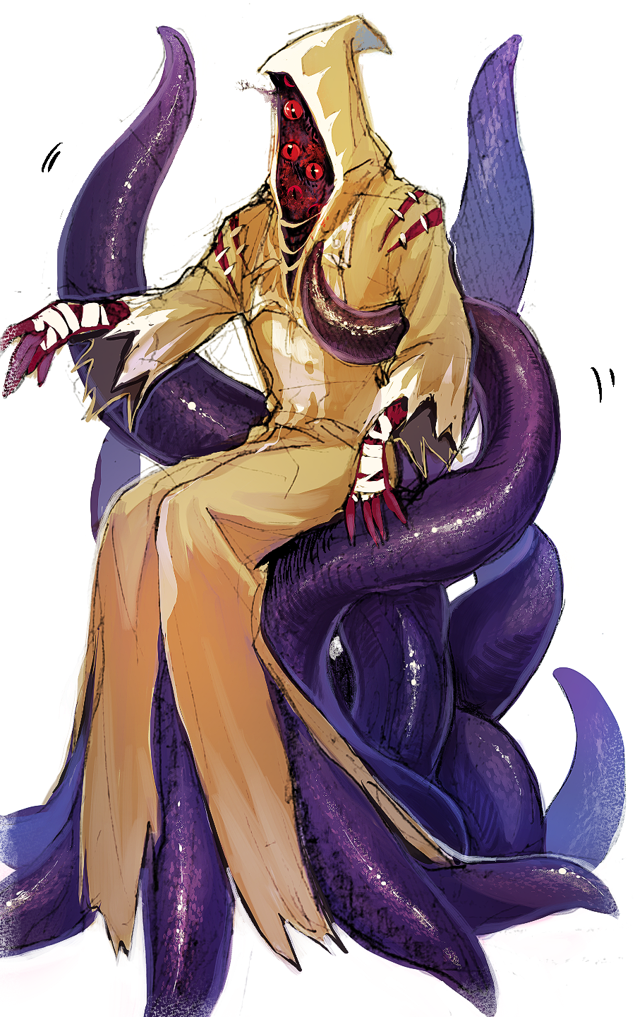 1boy, bandaged_hands, bandages, brown_robe, colored_skin, demon, extra_eyes, frontierpax