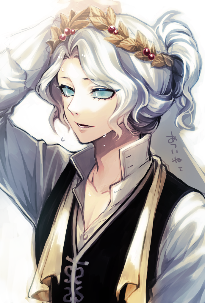 1boy, alternate_costume, alternate_hairstyle, arm_behind_head, blue_eyes, collarbone, eyebrows_visible_through_hair, frilled_sleeves