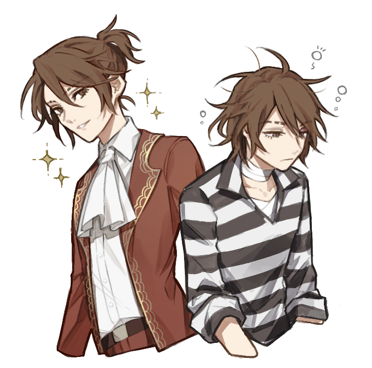 2boys, bandaged_neck, bandages, belt, brown_eyes, brown_hair, collared_shirt, formal, gloves, identity_v, kouri_(kyorosuukeeeeeee), long_sleeves, luca_balsa, male_focus, messy_hair, multiple_boys, ponytail, popped_collar, prison_clothes, prisoner, shirt, short_hair, simple_background, smile, sparkle, striped, striped_shirt, white_background, younger