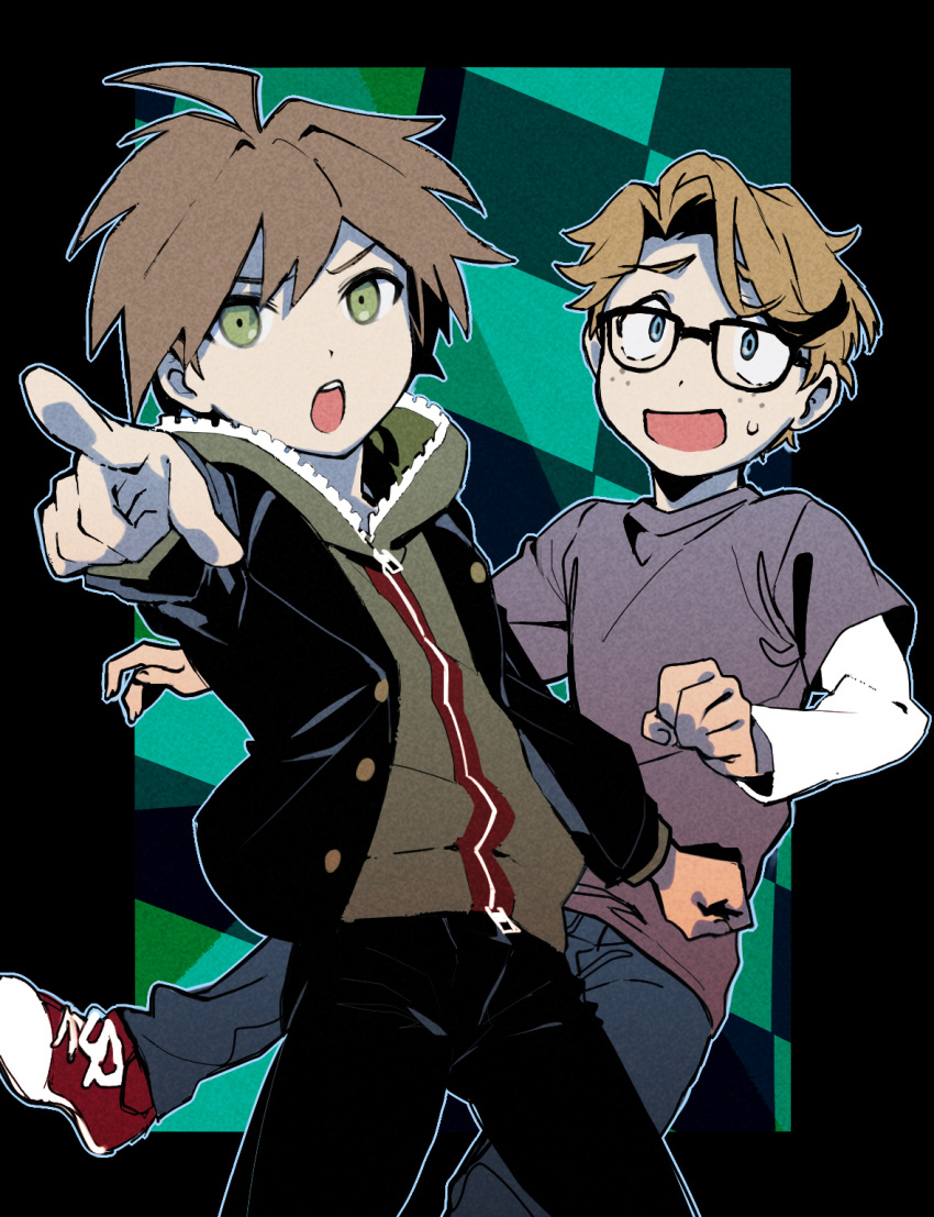 2boys, :o, ahoge, blue_eyes, brown_hair, dangan_ronpa:_trigger_happy_havoc, dangan_ronpa_(series), freckles