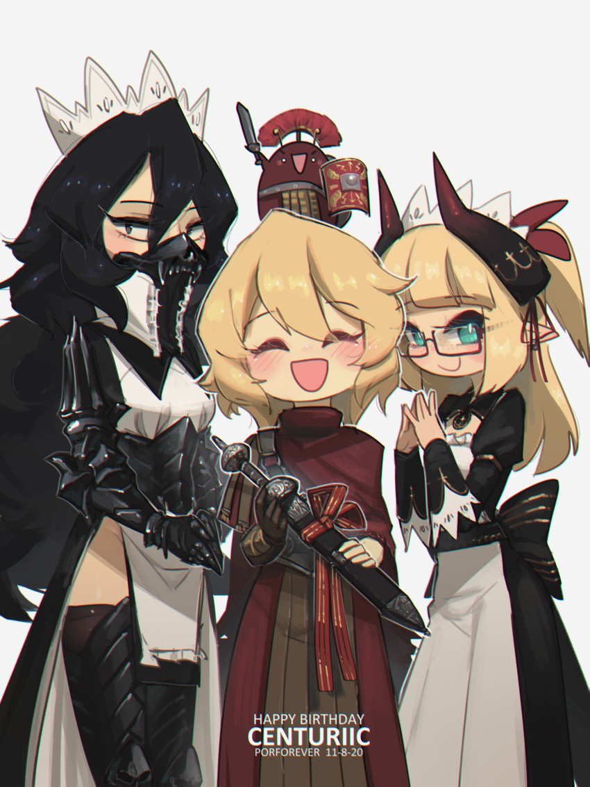 1other, 3girls, :d, absurdres, arm_armor, armor, birthday, black_eyes