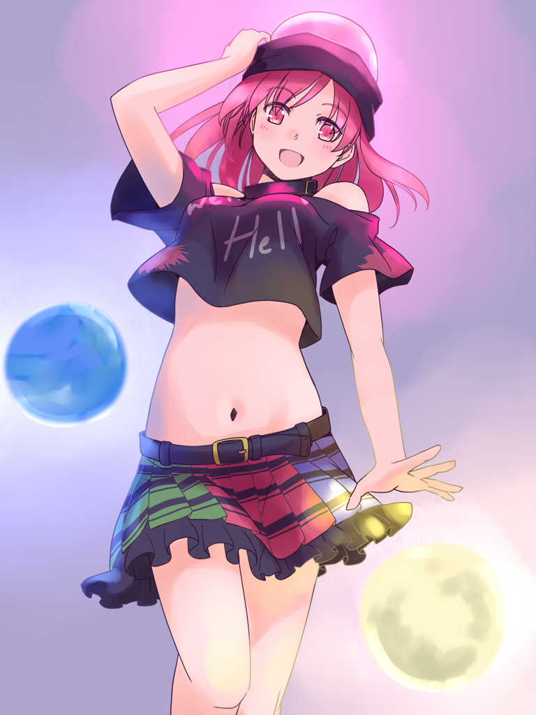 1girl, bare_shoulders, belt, black_shirt, breasts, clothes_writing, collar, hat