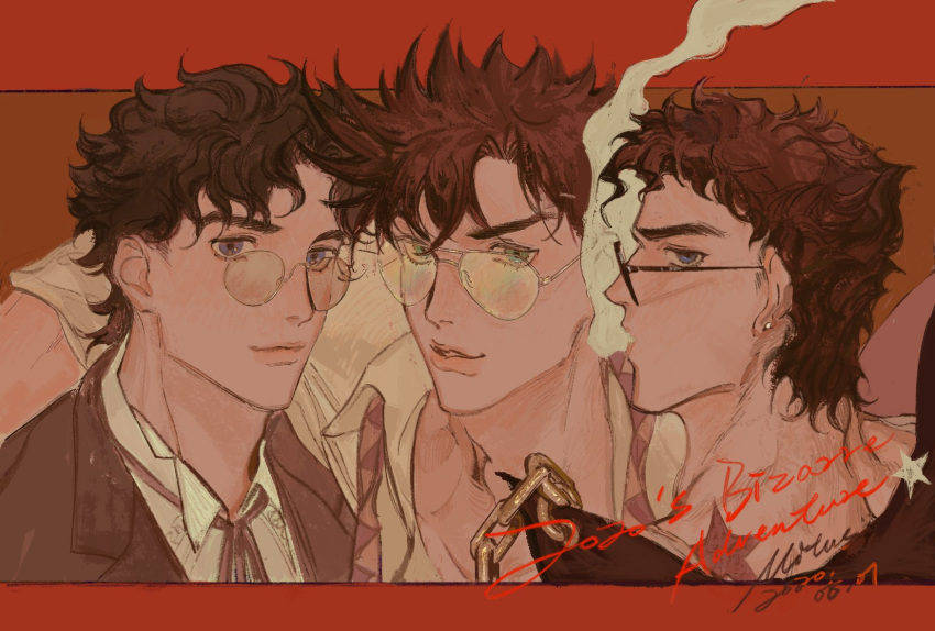 3boys, arm_around_neck, battle_tendency, birthmark, blue_eyes, brown_hair, chain, closed_mouth