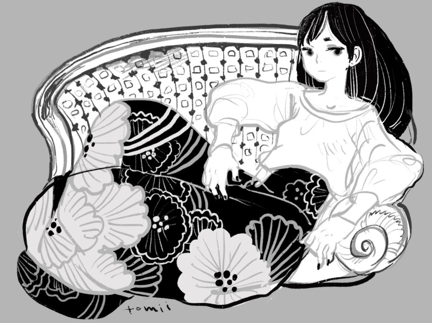 1girl, black_hair, black_nails, grey_background, greyscale, long_hair, long_sleeves, monochrome