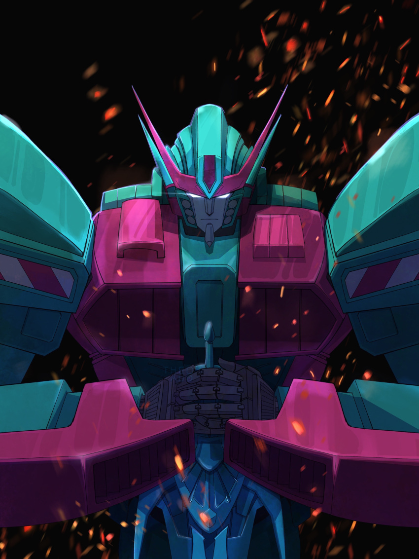 1girl, absurdres, autobot, black_background, embers, highres, holding, holding_sword, holding_weapon, looking_down, mecha, no_humans, pyra_magna, science_fiction, solo, sword, the_transformers_(idw), theo_aud, transformers, v-fin, weapon, white_eyes