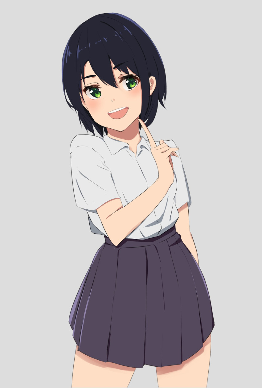 1girl, alternate_costume, black_hair, collared_shirt, green_eyes, grey_shirt, grey_skirt, hair_behind_ear