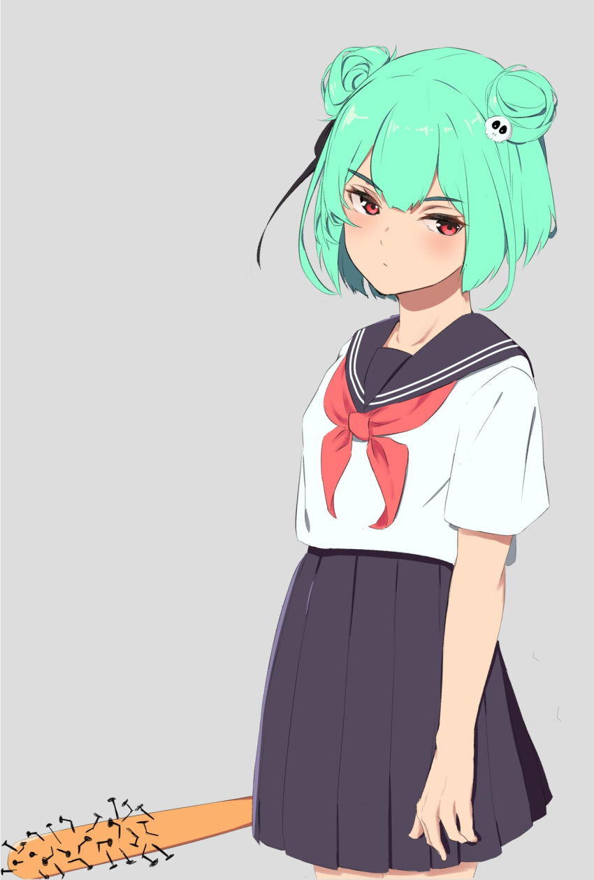 1girl, alternate_costume, bangs, baseball_bat, double_bun, grey_background, grey_skirt, hair_ornament