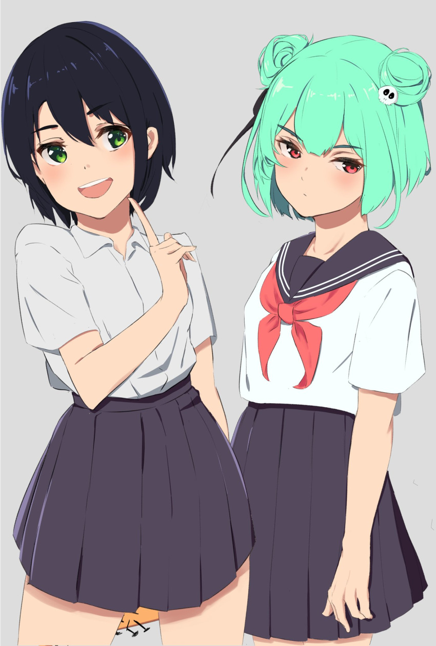 2girls, alternate_costume, bangs, baseball_bat, black_hair, collared_shirt, double_bun, green_eyes
