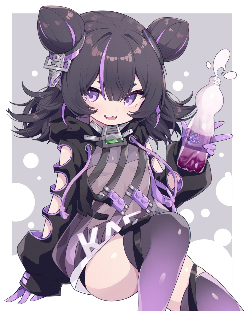 1girl, aka_kan, bangs, black_hair, bottle, breasts, clothing_cutout, double_bun