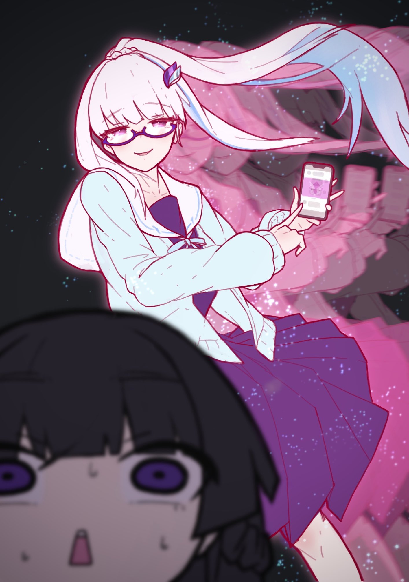 2girls, afterimage, bangs, black_hair, blue-framed_eyewear, cardigan, cellphone, drive_hobby, eyebrows_visible_through_hair, glasses, gundam, gundam_00, hair_ornament, highres, holding, holding_phone, lize_helesta, long_hair, long_sleeves, multiple_girls, nijisanji, open_cardigan, open_clothes, parody, phone, pleated_skirt, ponytail, sailor_collar, school_uniform, semi-rimless_eyewear, serafuku, skirt, smartphone, smile, sweatdrop, trans-am, tsukino_mito, under-rim_eyewear, violet_eyes, virtual_youtuber
