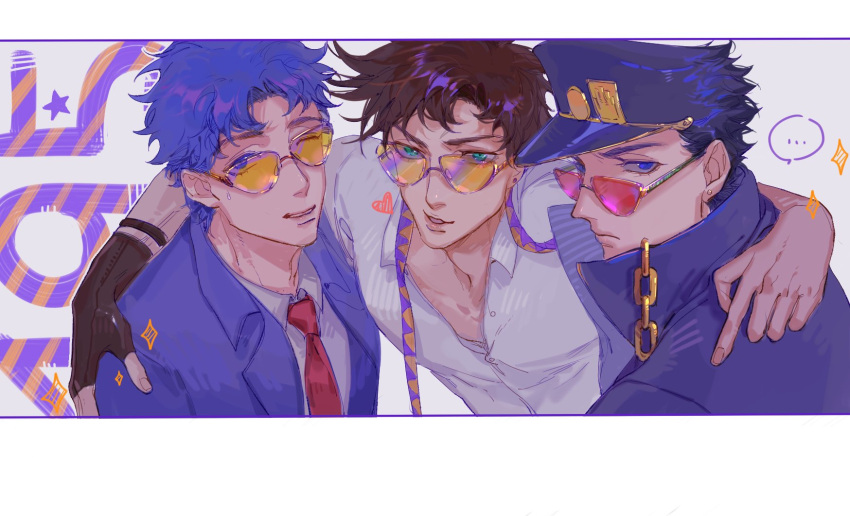 ..., 3boys, arm_around_neck, bangs, battle_tendency, blue_eyes, blue_hair, brown_hair