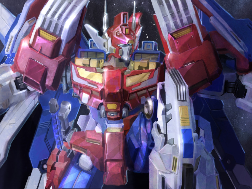 artist_name, autobot, blue_eyes, english_commentary, highres, kneeling, looking_to_the_side, mecha