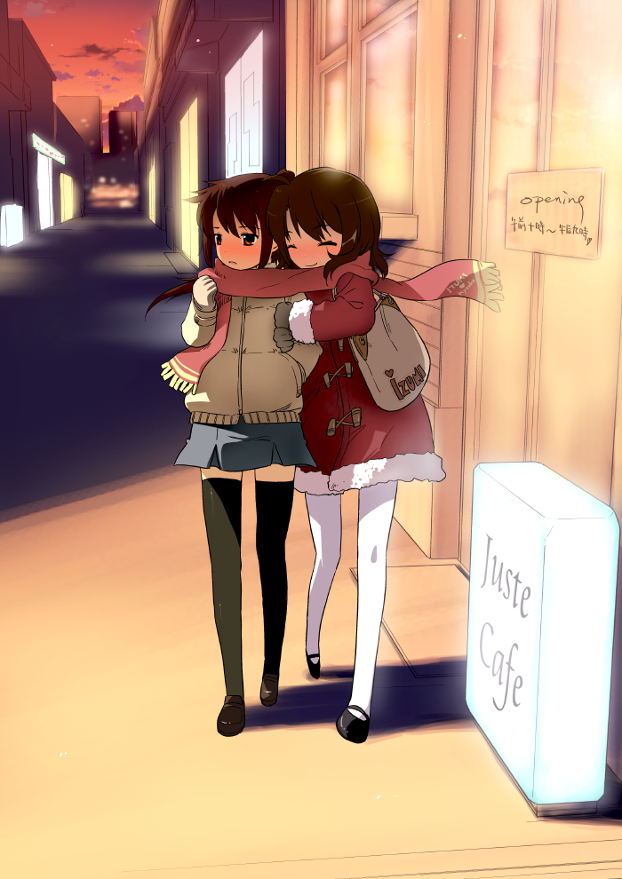 alley, blush, brown_hair, closed_eyes, dusk, genderswap, koizumi_itsuki, koizumi_itsuki_(female)