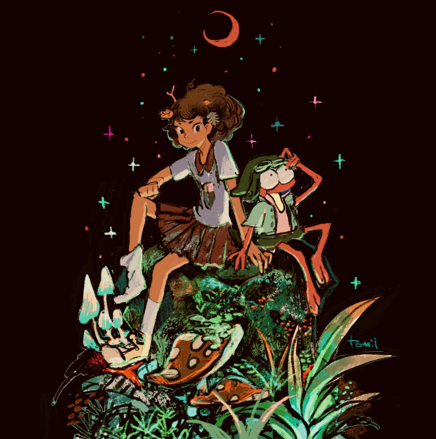 1boy, 1girl, absurdres, amphibia, anne_boonchuy, brown_skirt, crescent, goggles