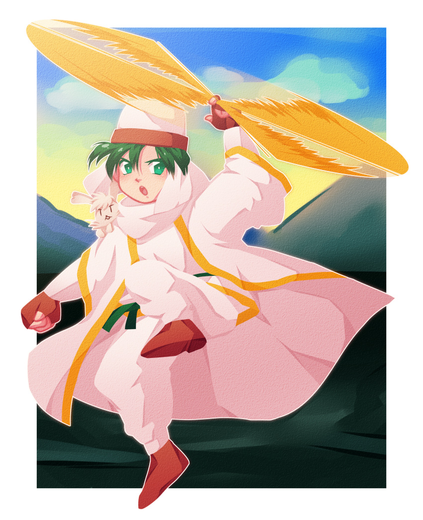 1boy, absurdres, border, geliquemini, green_eyes, green_hair, guardian_heroes, highres