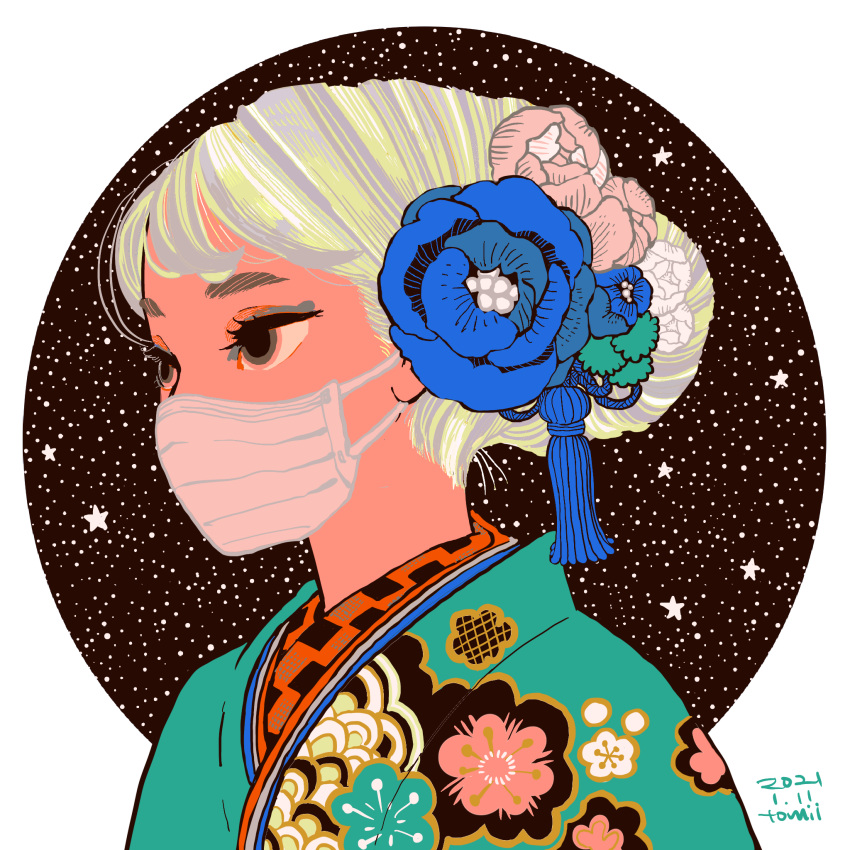 1girl, blue_flower, circle, dated, floral_print, flower, grey_hair, hair_bun