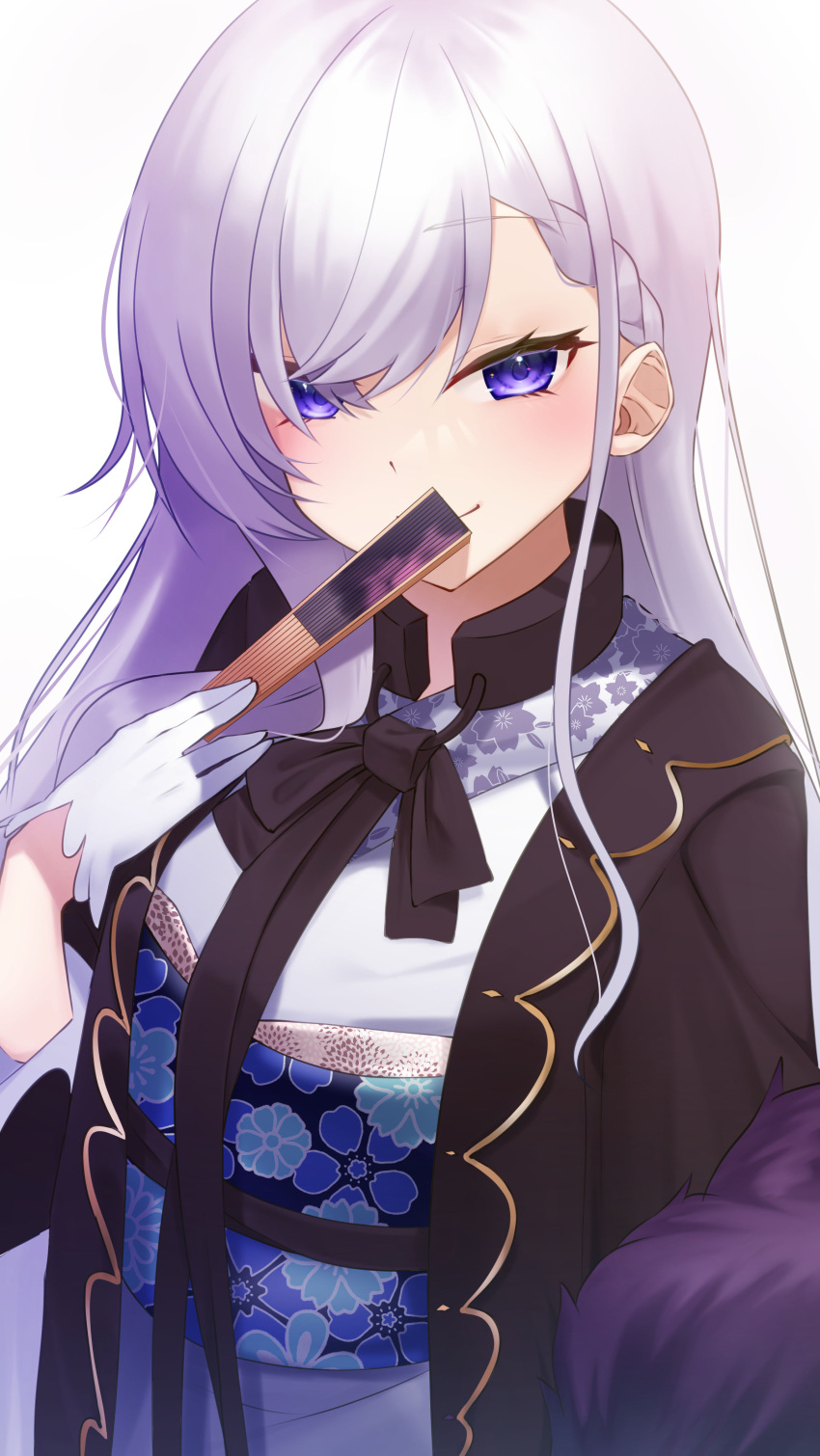1girl, absurdres, azur_lane, belfast_(azur_lane), belfast_(gorgeous_fans)_(azur_lane), blue_sash, braid, fan