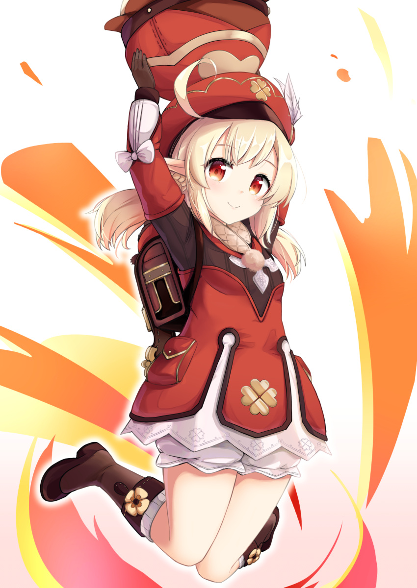 1girl, adda, ahoge, arms_up, bangs, beret, blonde_hair, bloomers