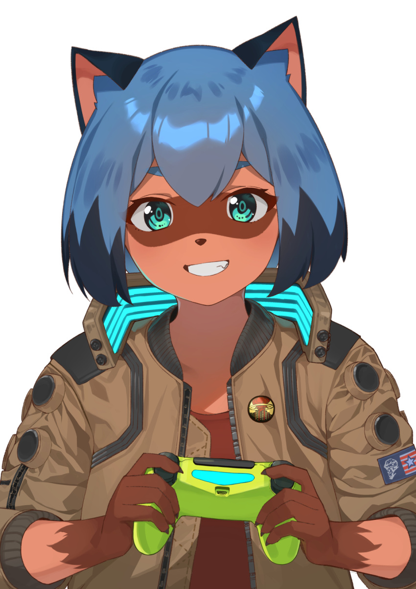 1girl, :d, animal_ear_fluff, animal_ears, animal_nose, badge, bangs, blue_hair