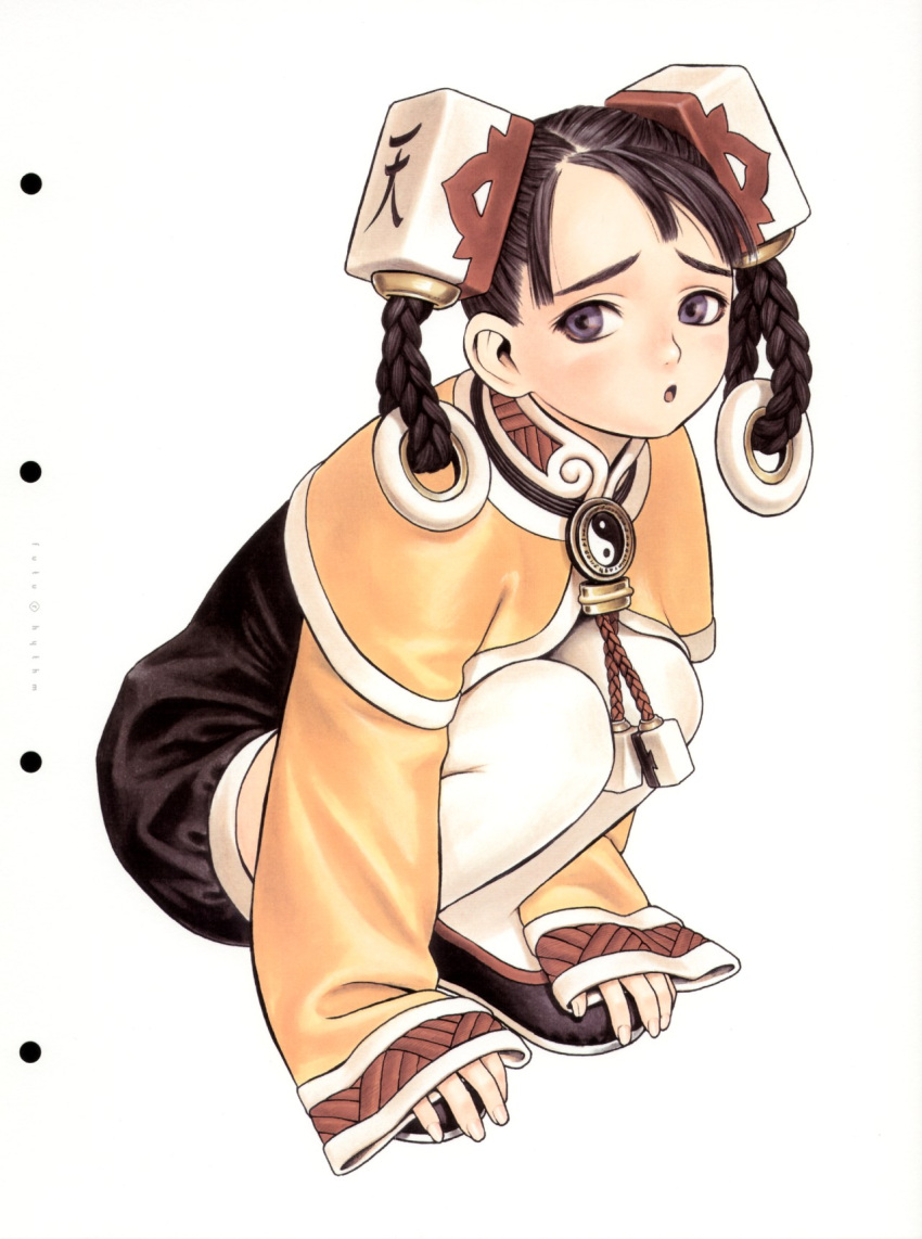 :o, bangs, black_hair, blue_eyes, blush, braid, capelet, child, chinese_clothes, dress, embarrassed, flat_chest, hair_ornament, highres, knees_on_chest, long_sleeves, mahjong, murata_renji, official_art, open_mouth, pantyhose, range_murata, rope, scan, shao-hong, shoes, short_dress, short_hair, simple_background, solo, squatting, swept_bangs, taisen_hot_gimmick, taisen_hot_gimmick_kairakuten, turtleneck, twin_braids, white_legwear, wide_sleeves, yin_yang